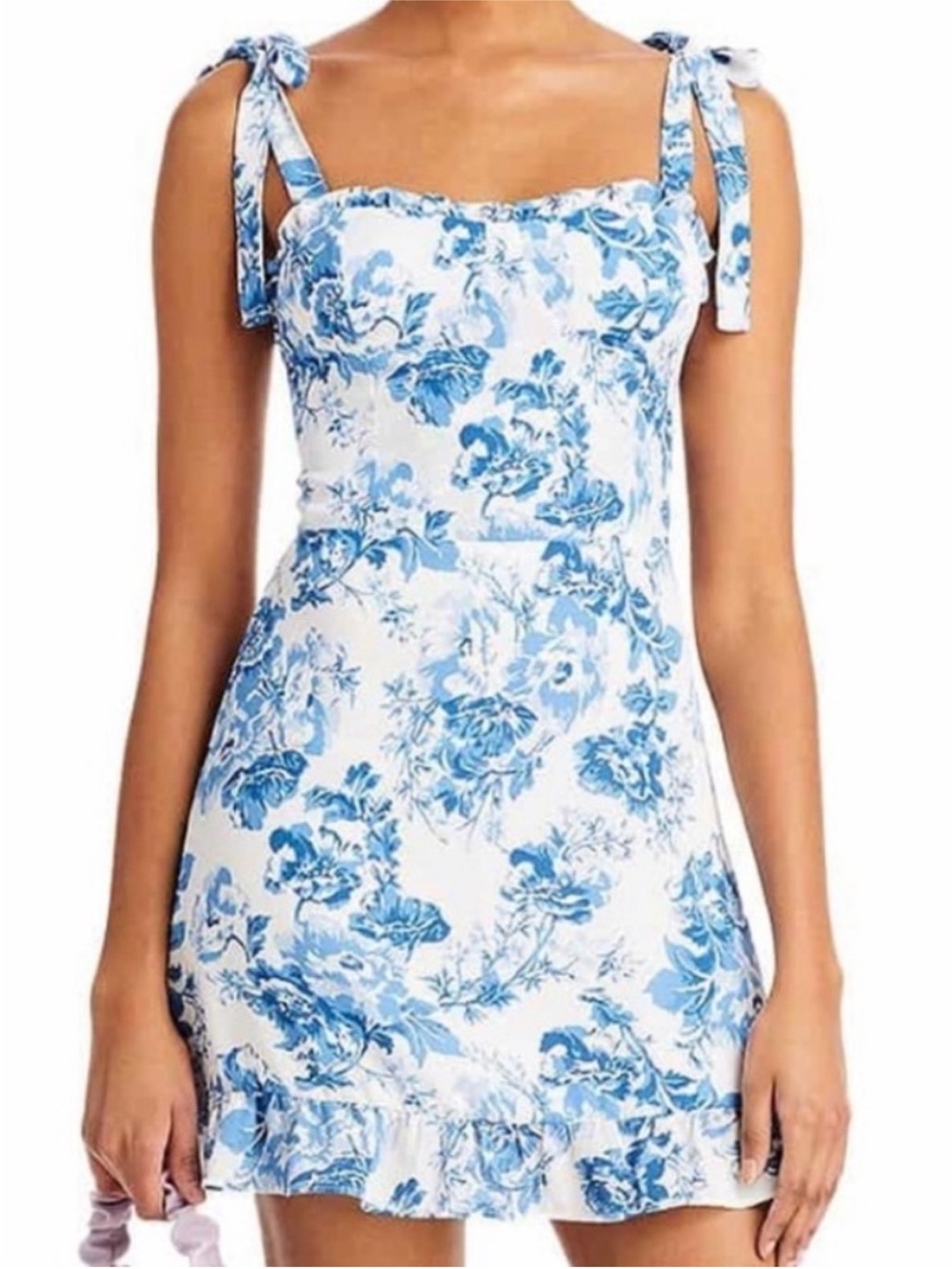 Aqua Blue White Toile Floral Tie Shoulder Ruched Mini Dress Medium